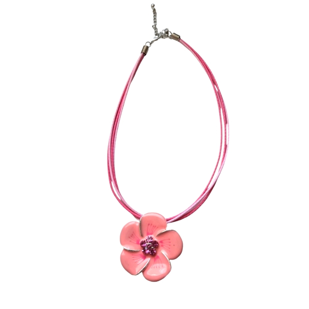 Pretty Pink Enamel Flower with Faux Pink Gemstones necklace